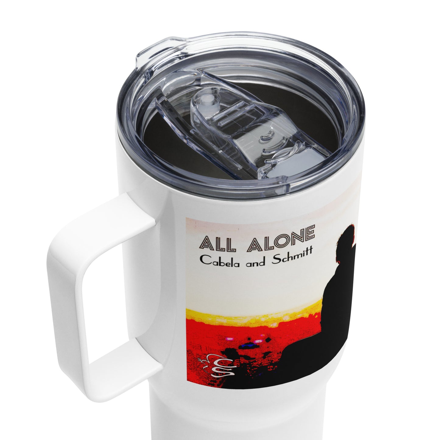 Travel mug with a handle "All Alone"